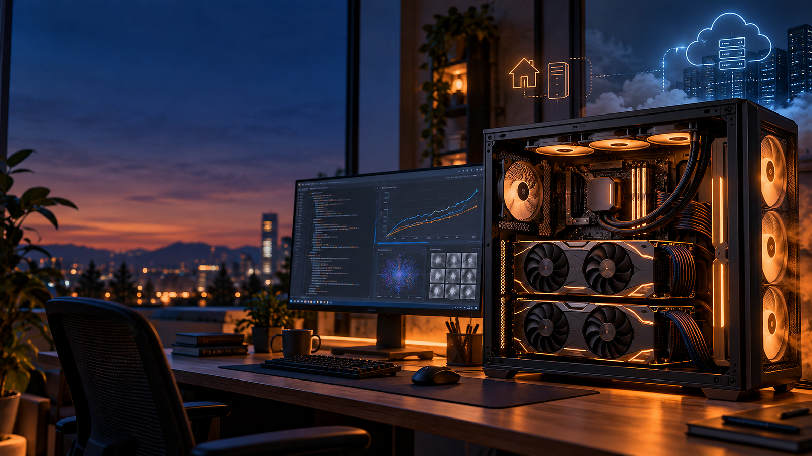 Illustration of a glass-sided PC with two large graphics cards on a desk at dusk, a monitor showing training curves, and a home-to-cloud diagram floating above
